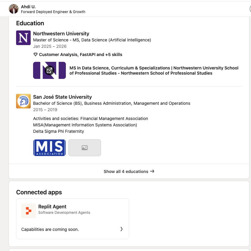 Ahdi LinkedIn profile forward deployed engineer product manager job search 2026