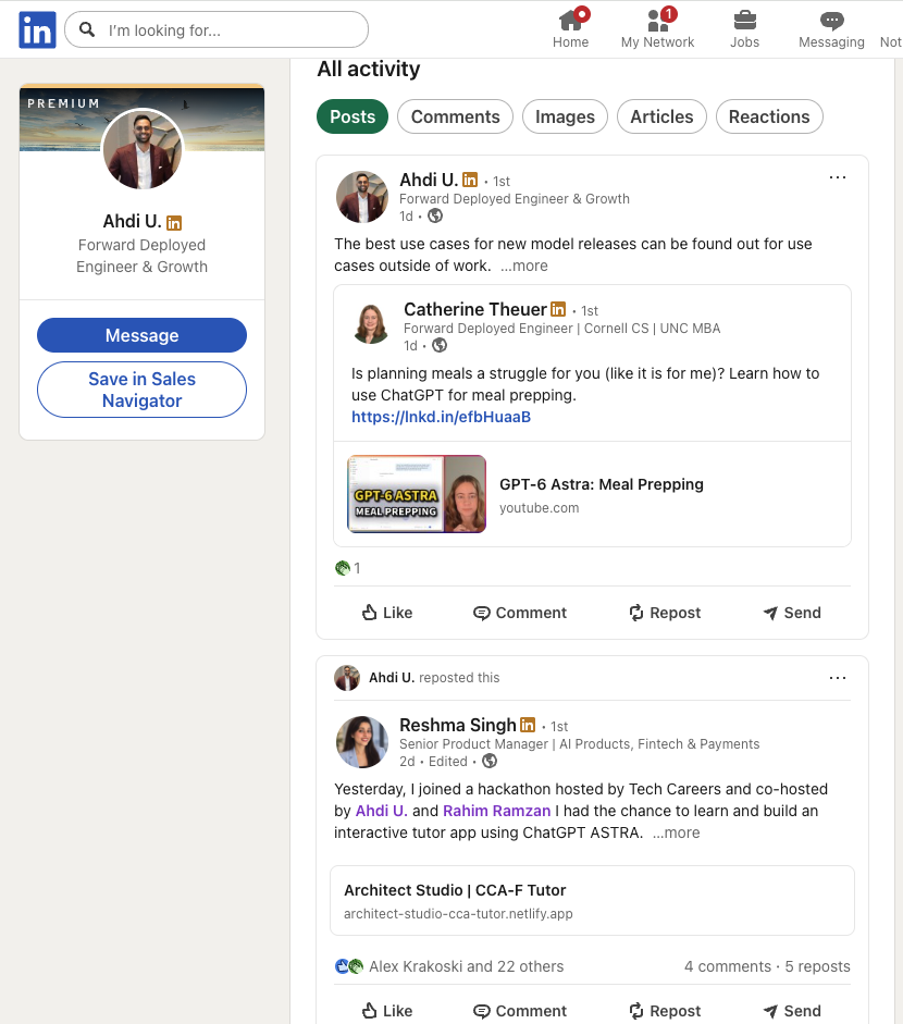 Ahdi LinkedIn profile forward deployed engineer product manager job search 2026